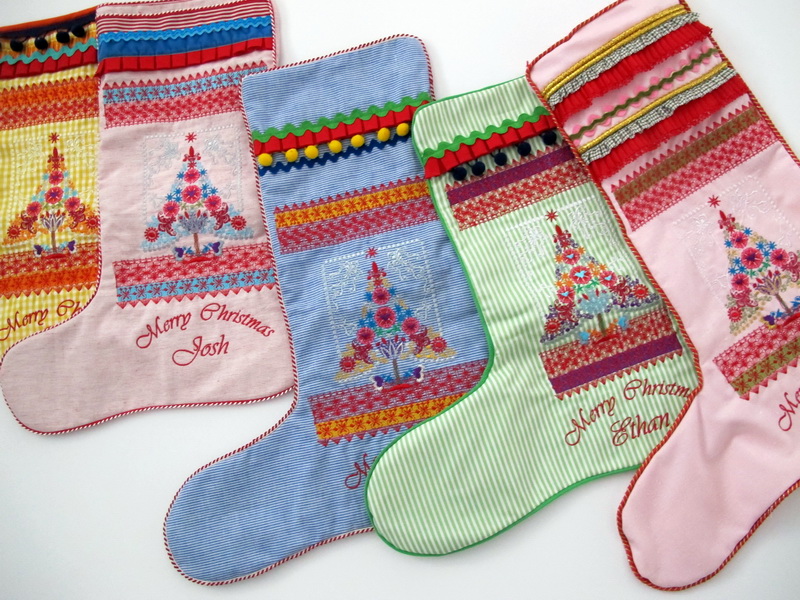 Christmas 2016 Machine Embroidery Designs. Christmas Stockings with decorative Christmas trees.