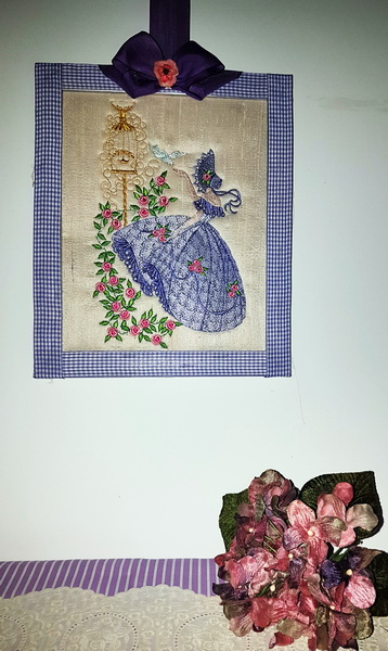 Crinoline Lady Machine Embroidery Designs by Stitchingart. Embroidered picture of lady with old fashioned dress and bonnet.