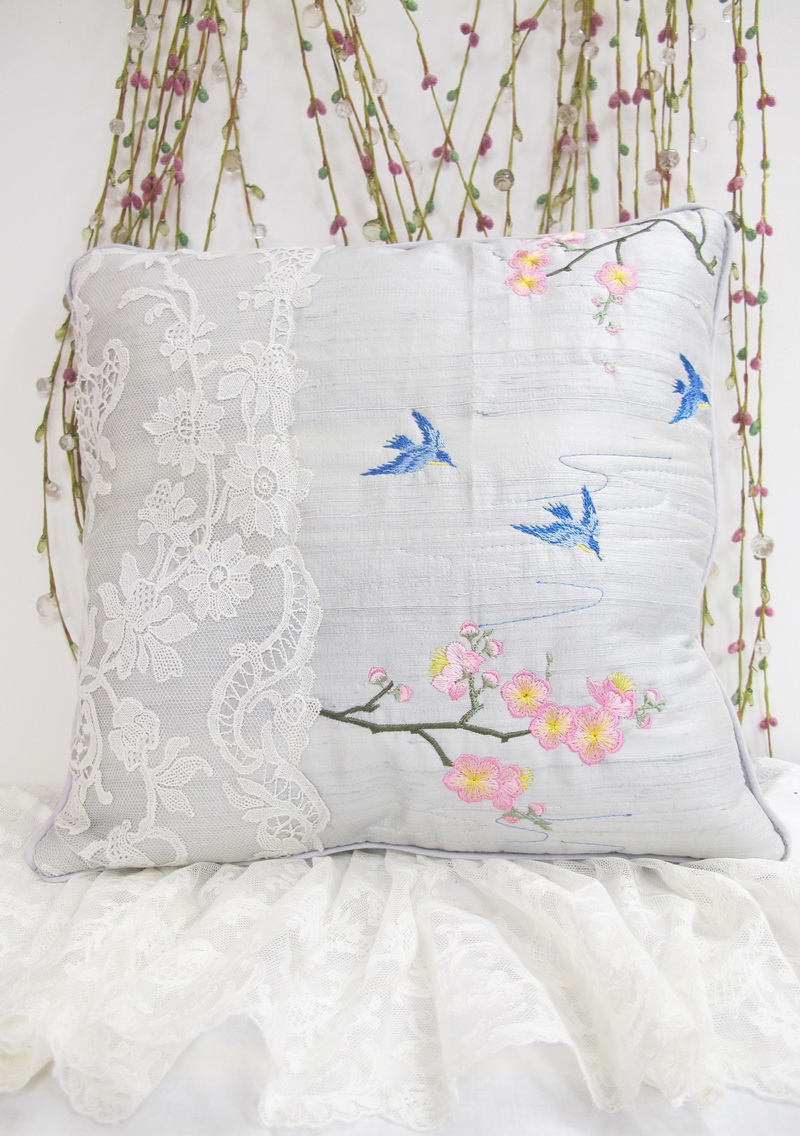 Kyoto Garden Machine Embroidery Designs by Stitchingart. Cushion with birds and Blossom Flowers. Japanese Kyoto Style. 