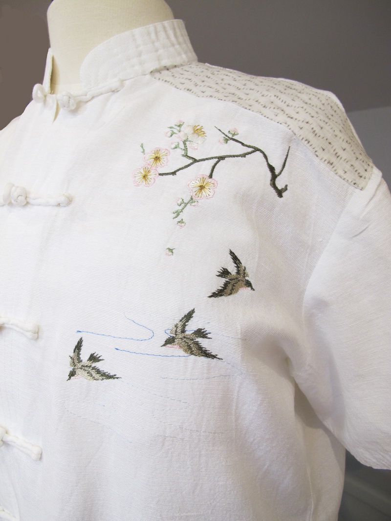 Kyoto Garden Machine Embroidery Designs Blouse with birds and Blossom Flowers. Japanese Kyoto Style.