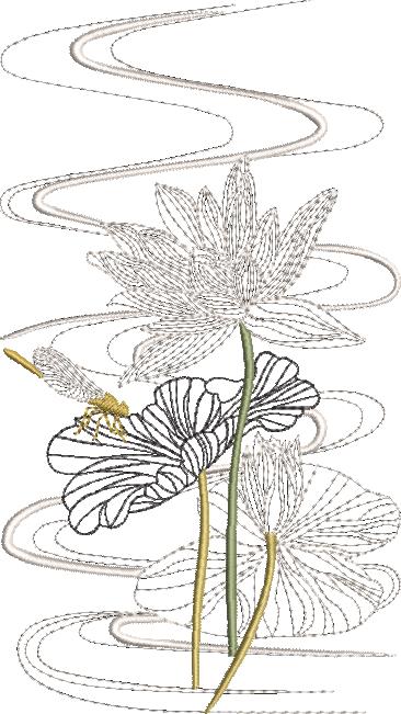 Morning Celebration Machine Embroidery Designs Designs by Stitchingart. Embroidered lotus flower and dragonfly.