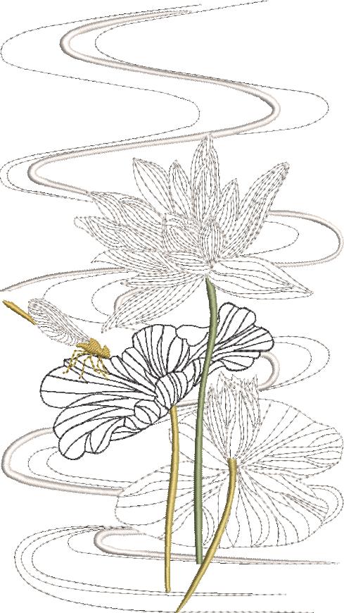 Morning Celebration Machine Embroidery Designs Designs by Stitchingart. Embroidered lotus flower, dragonfly on dress.