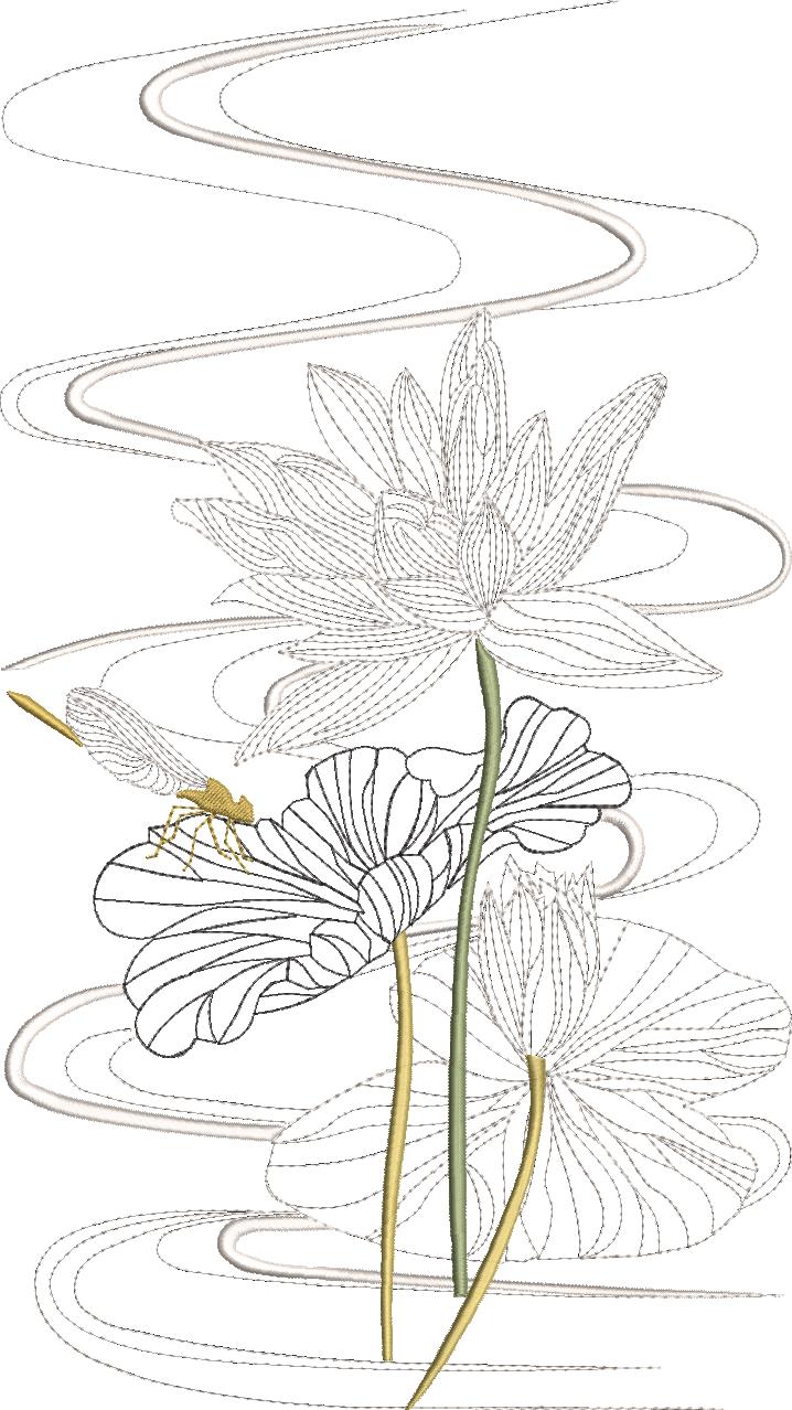 Morning Celebration Machine Embroidery Designs Designs by Stitchingart. Embroidered lotus flower and dragonfly.