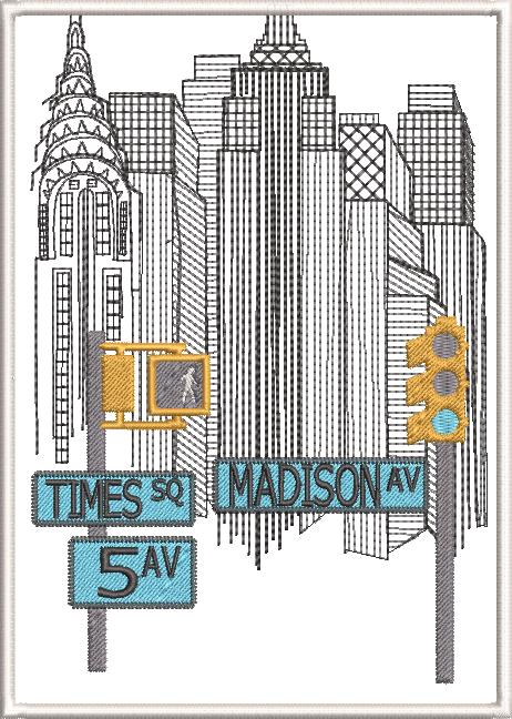 New York Machine Embroidery Designs by Stitchingart. New York buildings, Madison Square, 5th Ave, Times Square.