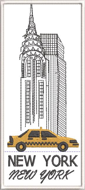 New York Machine Embroidery Designs by Stitchingart. New York buildings, yellow taxi cab, New York, New York.