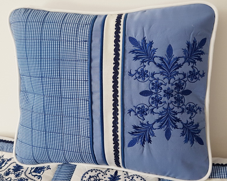 Panache Machine Embroidery Designs by Stitchingart. Floral pretty decorative blue cushion