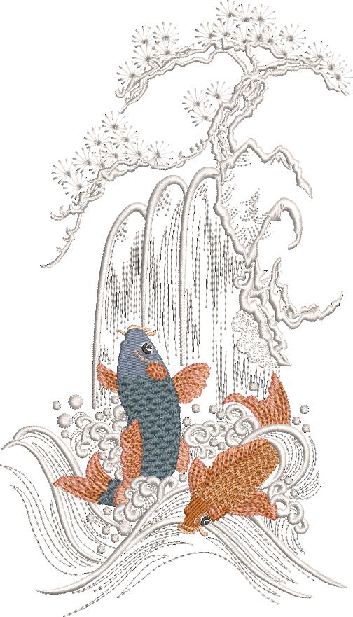 Spring of Life Machine Embroidery Design. Koi, waterfall and blossom tree.