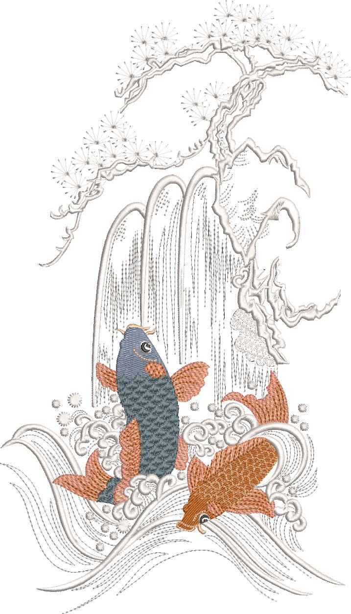 Spring of Life Machine Embroidery Design. Koi, waterfall and blossom tree.