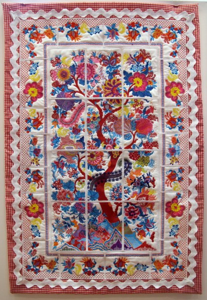 Down to Earth Machine Embroidery Designs by Stitchingart. Wall hanging, quilted with flowers and tree of life.