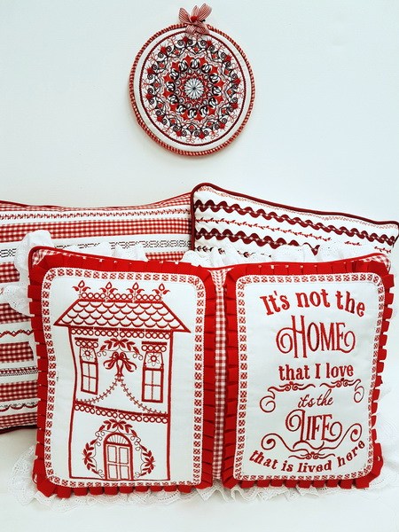 Pillow Talk Machine Embroidery Designs by Stitchingart. Its not the home that I love. It's the life that has lived here. House and wall hanging cushion.