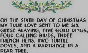 On the sixth day of Christmas, my true love gave to me Six geese a-laying, Five golden rings, Four calling birds, Three French hens, Two turtle doves, And a partridge in a pear tree.