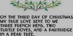 On the third day of Christmas, my true love gave to me Three French hens, Two turtle doves, And a partridge in a pear tree.