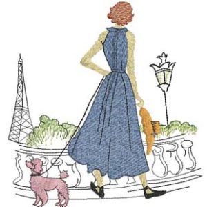 Paris, poodle, eiffel tower, lady walking a Parisian street, machine embroidery designs, clothing