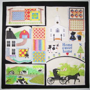 amish, machine embroidery designs, horse, carriage, church, amish children, barn, dairy cow, topiary, home sweet home, flowers, quilts, amish homes, wall hanging,