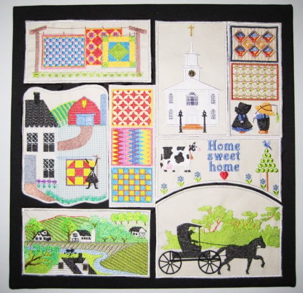 amish, machine embroidery designs, horse, carriage, church, amish children, barn, dairy cow, topiary, home sweet home, flowers, quilts, amish homes, wall hanging,