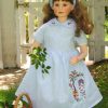 apple tree, squirrel, childrens dress, clothing, clock, apple shortcake character, bluebird, flowers, machine embroidery