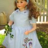 apple tree, squirrel, childrens dress, clothing, clock, apple shortcake character, bluebird, flowers, machine embroidery