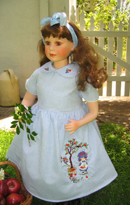 apple tree, squirrel, childrens dress, clothing, clock, apple shortcake character, bluebird, flowers, machine embroidery