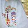 apple tree, squirrel, childrens dress, clothing, clock, apple shortcake character, bluebird, flowers, machine embroidery