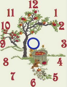 apple tree, squirrel, childrens dress, clothing, clock, apple shortcake character, bluebird, flowers, machine embroidery