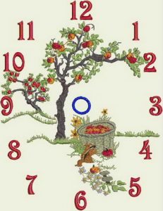 apple tree, squirrel, childrens dress, clothing, clock, apple shortcake character, bluebird, flowers, machine embroidery