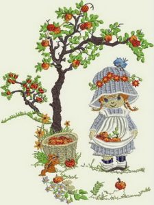 apple tree, squirrel, childrens dress, clothing, clock, apple shortcake character, bluebird, flowers, machine embroidery