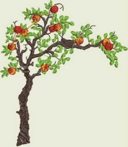 apple tree, squirrel, childrens dress, clothing, clock, apple shortcake character, bluebird, flowers, machine embroidery