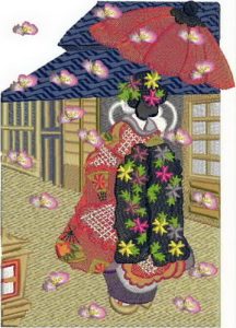 Blossoms of the Orient, machine embroidery designs, geisha, japanese, kimono, cushion, birds, blossom trees, asian, japanese, wall hanging, purse, bag, quilt, bridge, egret, bamboo, fan, phoenix, plumb tree