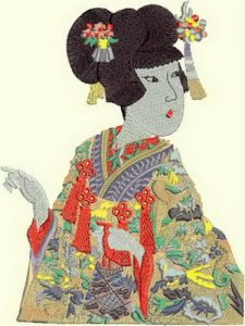 Blossoms of the Orient, machine embroidery designs, geisha, japanese, kimono, cushion, birds, blossom trees, asian, japanese, wall hanging, purse, bag, quilt, bridge, egret, bamboo, fan, phoenix, plumb tree