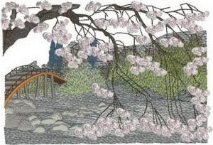 Blossoms of the Orient, machine embroidery designs, geisha, japanese, kimono, cushion, birds, blossom trees, asian, japanese, wall hanging, purse, bag, quilt, bridge, egret, bamboo, fan, phoenix, plumb tree