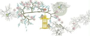 japanese, blossom, tree, bird, bird cage, flowers, floral, cushion, clothing, t-shirt, machine embroidery designs