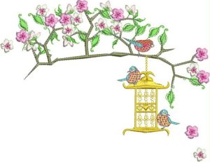 japanese, blossom, tree, bird, bird cage, flowers, floral, cushion, clothing, t-shirt, machine embroidery designs