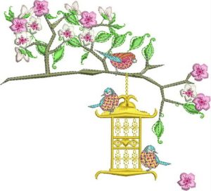 japanese, blossom, tree, bird, bird cage, flowers, floral, cushion, clothing, t-shirt, machine embroidery designs