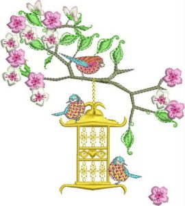 japanese, blossom, tree, bird, bird cage, flowers, floral, cushion, clothing, t-shirt, machine embroidery designs