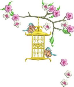 japanese, blossom, tree, bird, bird cage, flowers, floral, cushion, clothing, t-shirt, machine embroidery designs