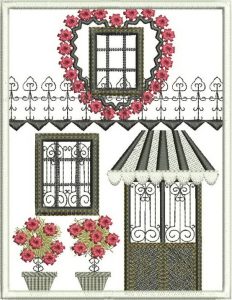 Country Chic, machine embroidery designs, house, townhouse, beautiful architecture, tree, heart wreath, roses, flowers, floral, love heart, flower pot, bag, door hanging, beautiful