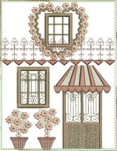 Country Chic, machine embroidery designs, house, townhouse, beautiful architecture, tree, heart wreath, roses, flowers, floral, love heart, flower pot, bag, door hanging, beautiful