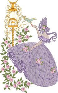 Crinoline lady, machine embroidery designs, bird, bird cage, flowers, floral, lady, beautiful