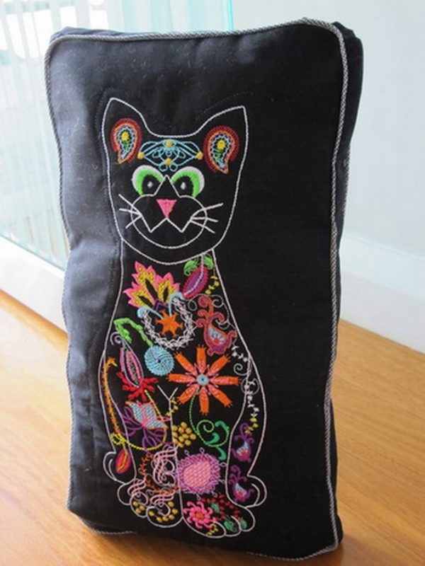 Cuddles the Cat, machine embroidery designs, cat, artistic, decorative, door stopper, pets, floral, flowers, funky, fun