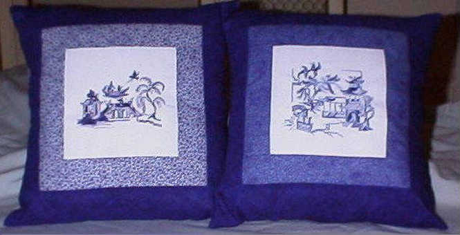 Blue Willow, machine embroidery designs, cushion, pillow, asian inspired, oriental, artistic, chinese, warrior, bonsai