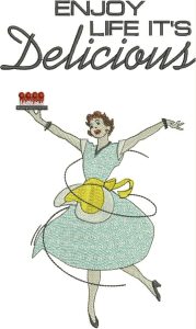 Delicious, machine embroidery designs, apple, lemon, cherry, cherries, chef, rooster, chicken, ladies, toaster, scales, bowls, mix master, coffee, milk jug, mug, cup, happy lady, cake, enjoy life its delicious, vintage, oven, child, cooking, happy, wall hanging, place mat, tea towel, kitchen, homewares