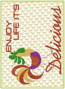 Delicious, machine embroidery designs, apple, lemon, cherry, cherries, chef, rooster, chicken, ladies, toaster, scales, bowls, mix master, coffee, milk jug, mug, cup, happy lady, cake, enjoy life its delicious, vintage, oven, child, cooking, happy, wall hanging, place mat, tea towel, kitchen, homewares