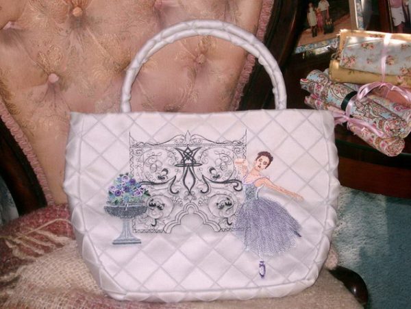 Devine Giselle, machine embroidery designs, ballet, tutu, floral, flowers, bouqet, roses, flower pot, decorative, artistic, bag, handbag, wall hanging, home decor