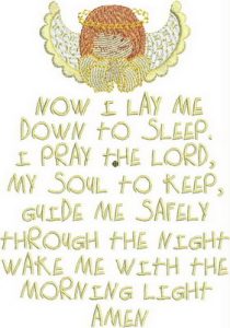 Evening Angels, machine embroidery designs, angel, halo, prayer, christian, childrens, cushion, wall hanging, picture frame, Now I lay me down to sleep I pray to the lord my soul to keep guide me safetly through the night wake me with the morning light amen