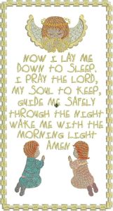 Evening Angels, machine embroidery designs, angel, halo, prayer, christian, childrens, cushion, wall hanging, picture frame, Now I lay me down to sleep I pray to the lord my soul to keep guide me safetly through the night wake me with the morning light amen