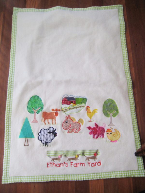 Farm Yard, machine embroidery designs, baby blanket, farm house, field, chicken, cow, fence, horse, dog, dachshund, flower, owl, pig, rooster, sheep, tree, childrens, quilt, cartoon, applique, stitch