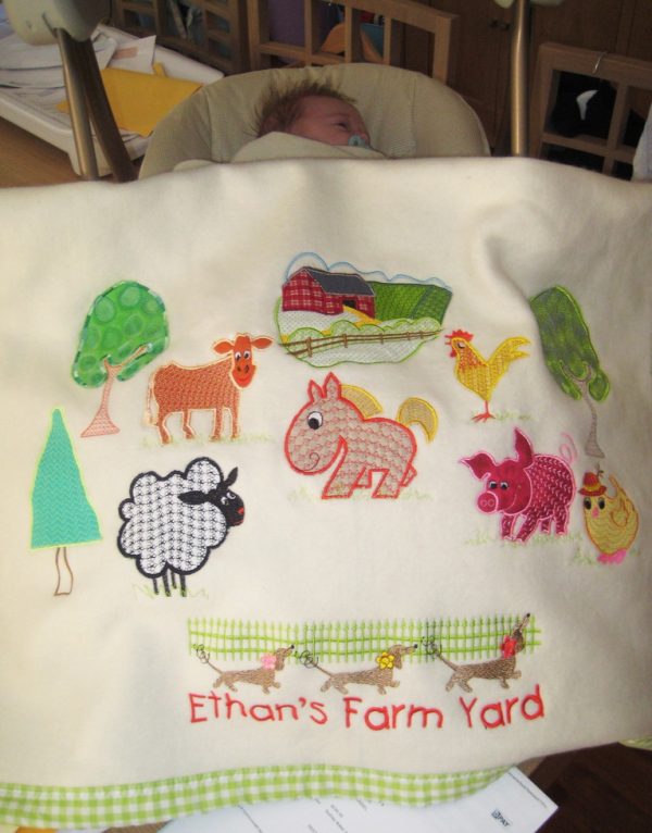 Farm Yard, machine embroidery designs, baby blanket, farm house, field, chicken, cow, fence, horse, dog, dachshund, flower, owl, pig, rooster, sheep, tree, childrens, quilt, cartoon, applique, stitch