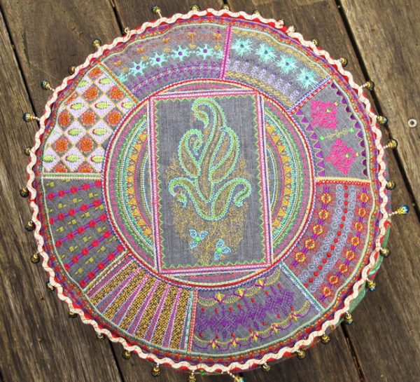 Feast of Colour, machine embroidery designs, artistic, patterns, creative, decorative, moroccan, middle east, floral, flowers, stars, leaves, funky patterns, foot stool, purse, bag, handbag, cushion, clothing, top, shirt, t-shirt, placemat, home decor, wall hanging, colourful, swirls, creative