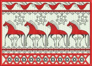 Folklore, machine embroidery designs, horses, artistic, creative, decorative, patterns, cushion, pillow, purse, clothing, jacket, top, t-shirt