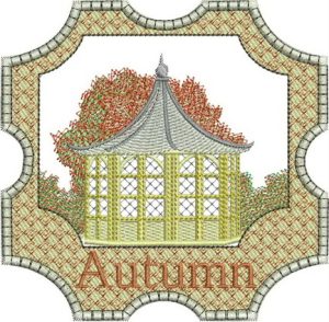 Four Seasons Autumn, machine embroidery designs, garden, pots, flowers, trees, floral, pergoda, water feature, flowers in pots, fall, bird, artistic, decorative, cushion, pillow, clothing, shirt